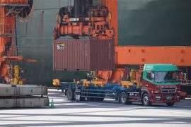 Bốc dỡ container hàng hóa tại cảng ở Tokyo (Nhật Bản). (Ảnh: AFP/TTXVN)