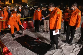 Nhân viên cứu hộ tham gia tìm kiếm chiếc máy bay xấu số tại cảng Jakarta. (Ảnh: AFP/TTXVN)