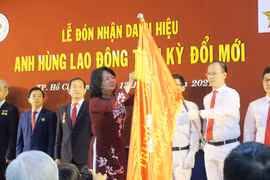 Phó Chủ tịch nước Đặng Thị Ngọc Thịnh trao tặng danh hiệu Anh hùng Lao động thời kỳ đổi mới cho tập thể Bệnh viện Nhân dân 115 TP.HCM. (Ảnh: Đinh Hằng/TTXVN)