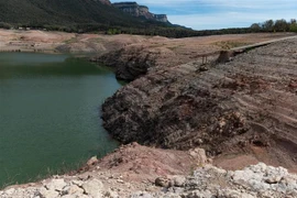 Mực nước sông xuống thấp do hạn hán tại Girona, Tây Ban Nha. (Ảnh: AFP/TTXVN)