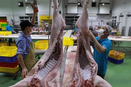 Sơ chế thịt lợn để cung cấp ra thị trường. (Ảnh: Vũ Sinh/TTXVN)