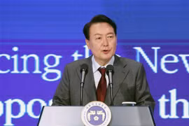 Tổng thống Hàn Quốc Yoon Suk-yeol phát biểu tại một sự kiện ở Seoul. (Ảnh: Yonhap/TTXVN)
