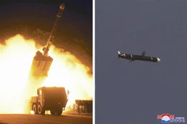 Hình ảnh do Hãng thông tấn KCNA đăng phát ngày 13/9/2021 cho thấy một tên lửa đạn đạo tầm xa thế hệ mới rời bệ phóng (ảnh trái) và bay trên bầu trời (ảnh phải). (Ảnh: YONHAP/TTXVN)