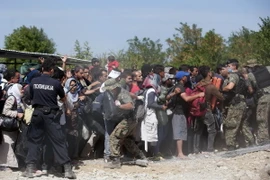 Người nhập cư xô xát với cảnh sát tại thị trấn Gevgelija ở biên giới Macedonia-Hy Lạp ngày 7/9. (Ảnh: AFP/TTXVN)