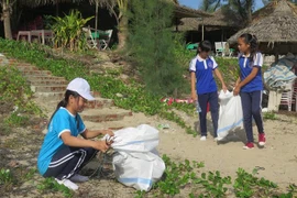 Các em học sinh tham gia nhặt rác tại bãi biển An Bàng. (Ảnh: Nguyễn Sơn/Vietnam+)