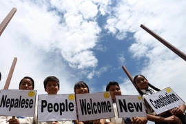 Trẻ em Nepal míttinh tại thủ đô Kathmandu nhân sự kiện ban hành Hiến pháp mới. (Ảnh: THX/TTXVN)