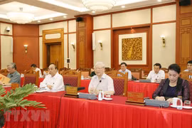 Tổng Bí thư, Chủ tịch nước Nguyễn Phú Trọng chủ trì buổi làm việc của tập thể Bộ Chính trị với Thường vụ Đảng ủy Công an Trung ương. (Ảnh: Phương Hoa/TTXVN) 