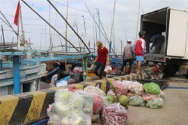 Ngư dân phường Phú Đông, thành phố Tuy Hòa, tỉnh Phú Yên chuẩn bị thực phẩm cho chuyến đi biển dài ngày. (Ảnh: Phạm Cường/TTXVN)