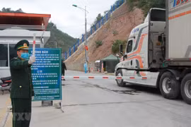 Cán bộ biên phòng Tân Thanh, Lạng Sơn điều tiết xe nông sản xuất khẩu. (Ảnh: Quang Duy/TTXVN)