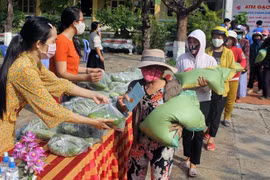 Ngoài gạo còn có các phần rau xanh hỗ trợ cho người dân gặp khó khăn. (Ảnh: Xuân Triệu/TTXVN)