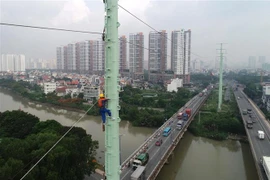 Công nhân Tổng Công ty Điện lực Thành phố Hồ Chí Minh thi công trồng trụ điện trên đường Đồng Văn Cống. (Ảnh: TTXVN)