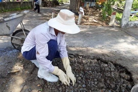 Anh Phạm Hoàng Khải dặm vá đường. (Ảnh: Huỳnh Sử/TTXVN)