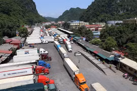 Xe chở hàng hóa xuất khẩu tại cửa khẩu Tân Thanh. (Ảnh: Phạm Hậu/TTXVN)
