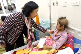 Bà Trương Thị Mai, Ủy viên Bộ Chính trị, Bí thư Trung ương Đảng, Trưởng ban Dân vận Trung ương thăm tặng quà Tết cho người bệnh. (Ảnh: Dương Ngọc/TTXVN)