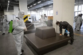 Phun thuốc khử trùng tại một trạm xe buýt ở Daegu, Hàn Quốc, nhằm ngăn chặn sự lây lan của dịch COVID-19, ngày 14/3/2020. (Ảnh: Yonhap/TTXVN)