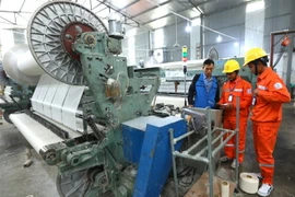Công nhân Tổng Công ty Điện lực TP Hà Nội tuyên truyền tiết kiệm điện, sử dụng điện an toàn và hiệu quả cho các hộ sản xuất trên địa bàn huyện Thanh Oai. (Ảnh: Ngọc Hà/TTXVN)