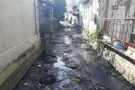 Rác thải đen kín cả dòng kênh, bốc mùi hôi thối từ nhiều năm nay. (Ảnh: Nguyễn Thành/TTXVN)