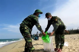 Chất thải được thu gom và chuyển đến nơi tập kết theo quy định. (Ảnh: Phước Ngọc/TTXVN)