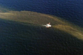 Vệt dầu tràn sau vụ nổ giàn khoan Deepwater Horizon ngoài khơi Louisiana, Mỹ, ngày 7/5/2010. (Ảnh: AFP/TTXVN)