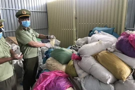 Hàng nghìn găng tay y tế được tái chế chuẩn bị bán ra thị trường. (Ảnh: TTXVN)