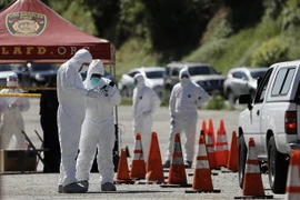 Nhân viên y tế kiểm tra các lái xe nhằm ngăn dịch COVID-19 lây lan, tại công viên Elysian, ở Los Angeles, Mỹ ngày 27/3/2020. (Ảnh: THX/TTXVN)