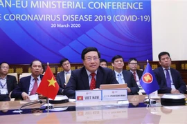 Phó Thủ tướng, Bộ trưởng Bộ Ngoại giao Phạm Bình Minh phát biểu tại Hội nghị trực tuyến Bộ trưởng Ngoại giao ASEAN-EU về phòng, chống COVID-19. (Ảnh: Lâm Khánh/TTXVN)