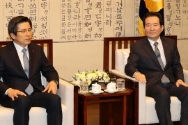 Chủ tịch Quốc hội Chung Sye-kyu (phải) và quyền Tổng thống Hwang Kyo-ahn. (Nguồn: Yonhap/TTXVN)