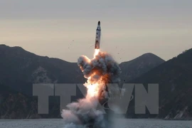 Tên lửa đạn đạo chiến lược của Triều Tiên được phóng từ tàu ngầm tại một địa điểm bí mật ở Triều Tiên. (Nguồn: EPA/TTXVN) 