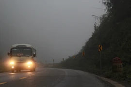 Tuyến Quốc lộ 6 qua Sơn La sương mù dày đặc. (Ảnh: Công Luật/TTXVN)