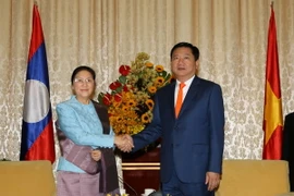 Bí thư Thành ủy Thành phố Hồ Chí Minh Đinh La Thăng tiếp Chủ tịch Quốc hội Lào Pany Yathotou. (Ảnh: Thanh Vũ/TTXVN)