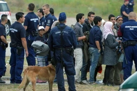 Những người tị nạn chờ để được đưa tới trại tị nạn mới tại làng Roszke, khu vực biên giới Hungary-Serbia. (Nguồn: AFP/TTXVN)