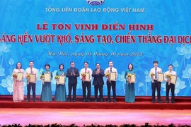 Tôn vinh 9 tác giả, nhóm tác giả có sáng kiến đặc biệt xuất sắc có giá trị làm lợi từ 100 tỷ đồng trở lên. (Ảnh: Dương Giang/TTXVN)