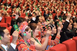 Các đại biểu Đại hội VIII Hội Nông dân Việt Nam tham gia biểu quyết. (Ảnh: Anh Tuấn/TTXVN)