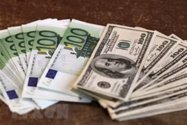 Đồng tiền mệnh giá 100 euro (trái) và 100 USD. (Ảnh: AFP/TTXVN)