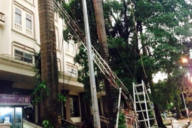 Gió thổi bay cả cột viễn thông ở Linh Đàm. (Nguồn: Vietnam+)