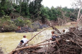 Nước tại Vực Mít nơi nạn nhân mất tích chảy xiết khiến công tác tìm kiếm gặp nhiều khó khăn. (Ảnh: Nguyễn Toán-Võ Dung/TTXVN)