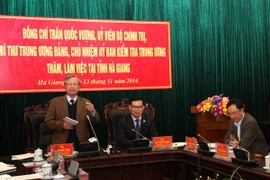 Ủy viên Bộ Chính trị, Bí thư Trung ương Đảng, Chủ nhiệm Ủy ban Kiểm tra Trung ương Trần Quốc Vượng phát biểu tại buổi làm việc với Ban Thường vụ Tỉnh ủy Hà Giang. (Ảnh: Minh Tâm/TTXVN)