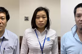 Ông Nguyễn Nhật Cảm (bên trái)-Giám đốc CDC Hà Nội; Nguyễn Vũ Hà Thanh (giữa)-Trưởng Phòng Tài chính kế toán CDC và Nguyễn Trần Duy-Tổng Giám đốc Công ty cổ phần định giá và bán đấu giá tài sản Nhân Thành đã bị khởi tố và bắt tạm giam. (Ảnh: Bộ Công an) 