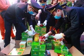 Lực lượng Hải quan kiểm tra một lô hàng Shisha chứa trong container tại chi nhánh cảng Tân Vũ, Hải Phòng. (Ảnh: Lâm Khánh/TTXVN)