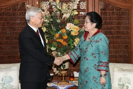 Tổng Bí thư Nguyễn Phú Trọng hội kiến với Chủ tịch Đảng Dân chủ đấu tranh (PDI – P) Megawati Sukarnoputri. (Ảnh: Trí Dũng/TTXVN)
