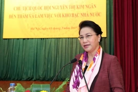 Chủ tịch Quốc hội Nguyễn Thị Kim Ngân phát biểu tại buổi làm việc. (Ảnh: Trọng Đức/TTXVN)
