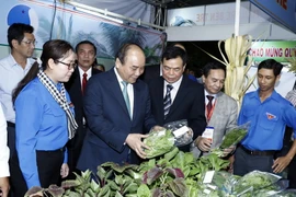 Thủ tướng Nguyễn Xuân Phúc thăm các gian hàng trưng bày tại ngày hội “Bến Tre Đồng khởi - Khởi nghiệp” năm 2017. (Ảnh: Thống Nhất/TTXVN)