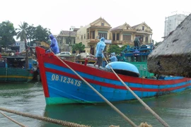 Ngư dân Quảng Bình đang neo đậu, gia cố tàu thuyền an toàn trước khi bão đổ bộ vào bờ. (Ảnh: Võ Dung/TTXVN)