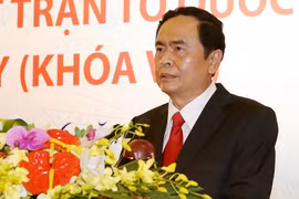 Ông Trần Thanh Mẫn phát biểu sau hội nghị hiệp thương được bầu chức vụ Chủ tịch Ủy ban Trung ương Mặt trận Tổ quốc Việt Nam khóa VIII. (Ảnh: Nguyễn Dân/TTXVN)
