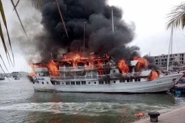 Vụ cháy tàu du lịch QN 6299 ở cảng Tuần Châu, tháng 5/2016. (Ảnh: TTXVN phát)