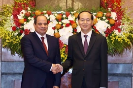 Chủ tịch nước Trần Đại Quang đón Tổng thống Abdel Fattah el-Sisi. (Ảnh: Nhan Sáng/TTXVN)