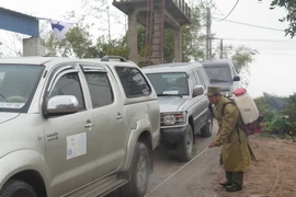 Phun thuốc khử trùng các phương tiện ra vào vùng dịch. (Ảnh: Nguyễn Lành/TTXVN)
