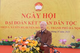 Tổng Bí thư Nguyễn Phú Trọng phát biểu tại Ngày hội Đại đoàn kết toàn dân tộc ở thôn 5, xã Yên Sở, huyện Hoài Đức. (Ảnh: Trí Dũng/TTXVN)
