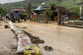 Người dân dựng các đê tạm để ngăn bùn đất trôi vào nhà. (Ảnh: Tường Quân/TTXVN)