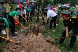 Các thủ khoa xuất sắc và đại biểu trồng tặng 100 cây xanh cho Đền Và. (Ảnh: Kim Chung/TTXVN)